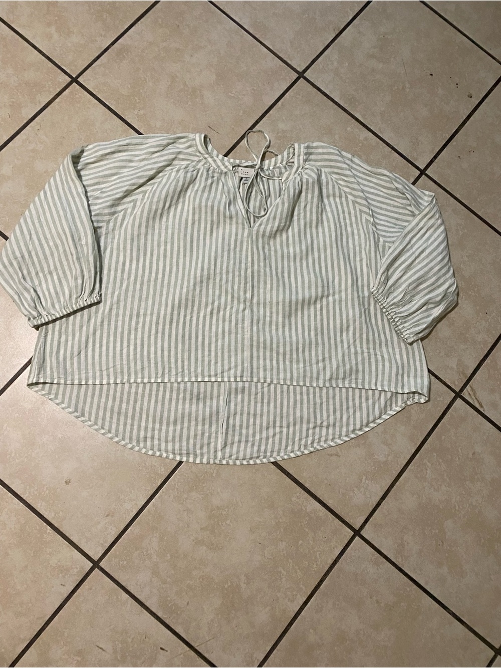 Striped Light Sage Peasant Tunic with Tie Neck - Picture 2 of 2